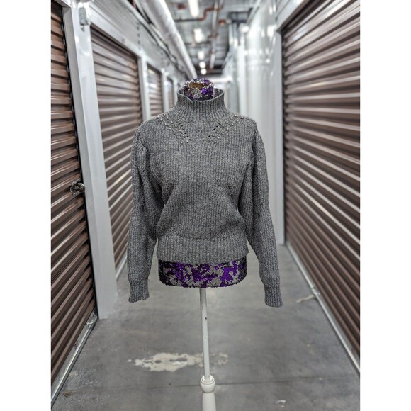 Guess Oversized Medium Pearl Embellished Grey Sweater mock neck - Picture 5 of 8